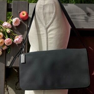 Coach Gray Twill Nylon & Black Leather Trim Foldover Flap Shoulder‎ Bag Purse